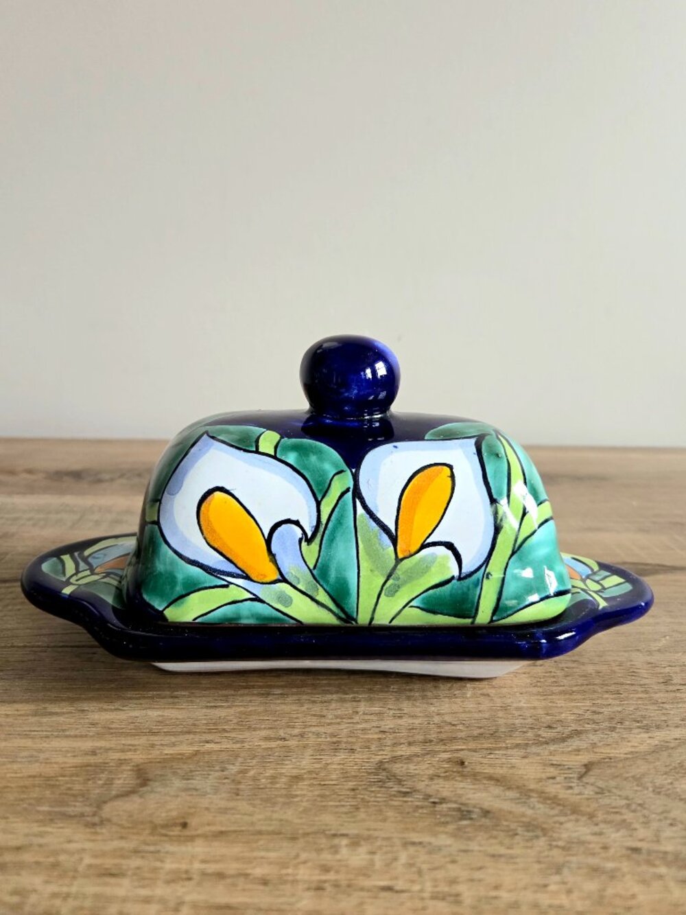 Mexican Hand Painted Ceramic Butter Dish Signed by Artist Traditional Folk Art